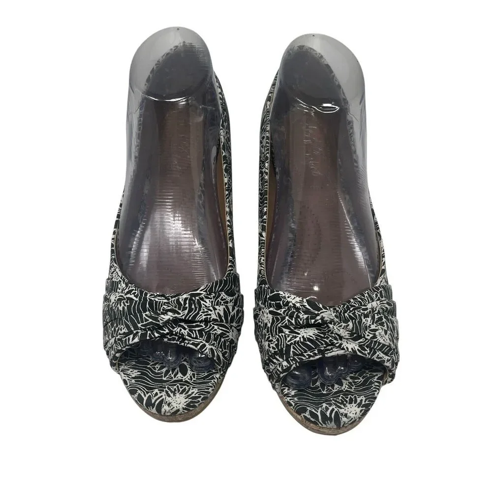 DexFlex Comfort Shoes 8W Espadrille Black White‎ Floral Cork Wedge Heel Peep Toe